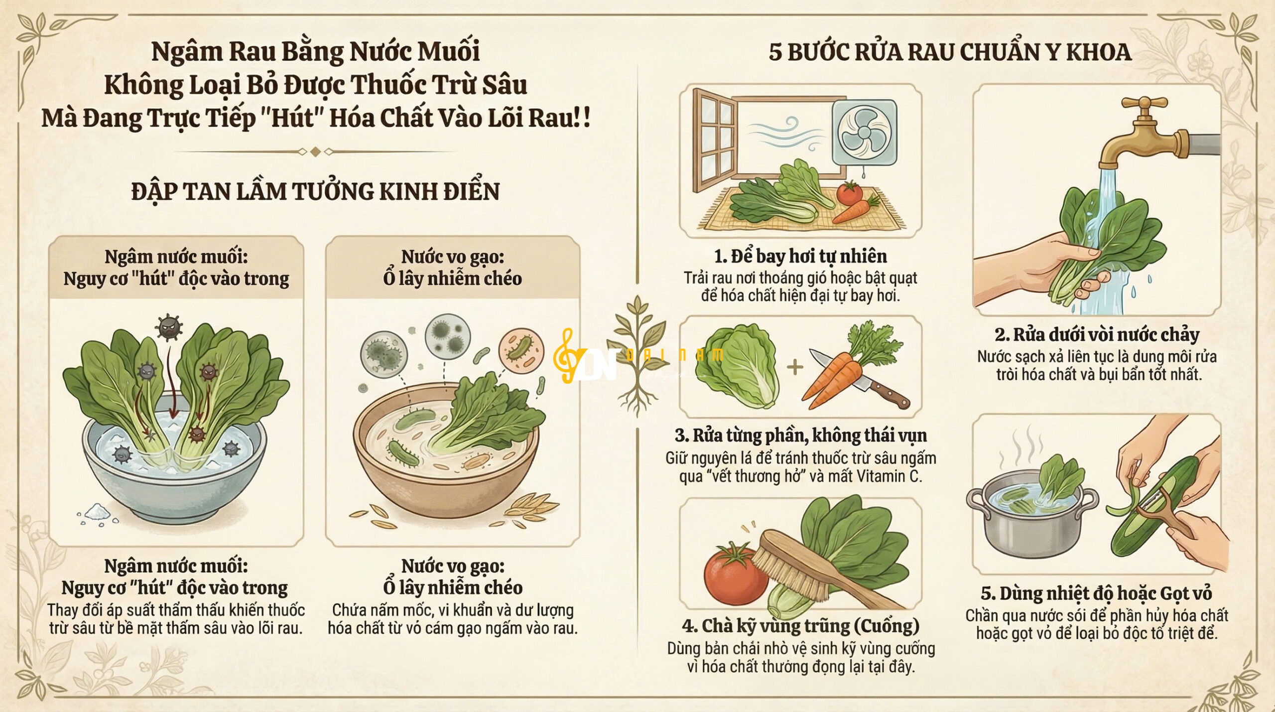 Ngâm Rau Bằng Nước Muối Không Loại Bỏ Được Thuốc Trừ Sâu Mà Đang Trực Tiếp “Hút” Hóa Chất Vào Lõi Rau!