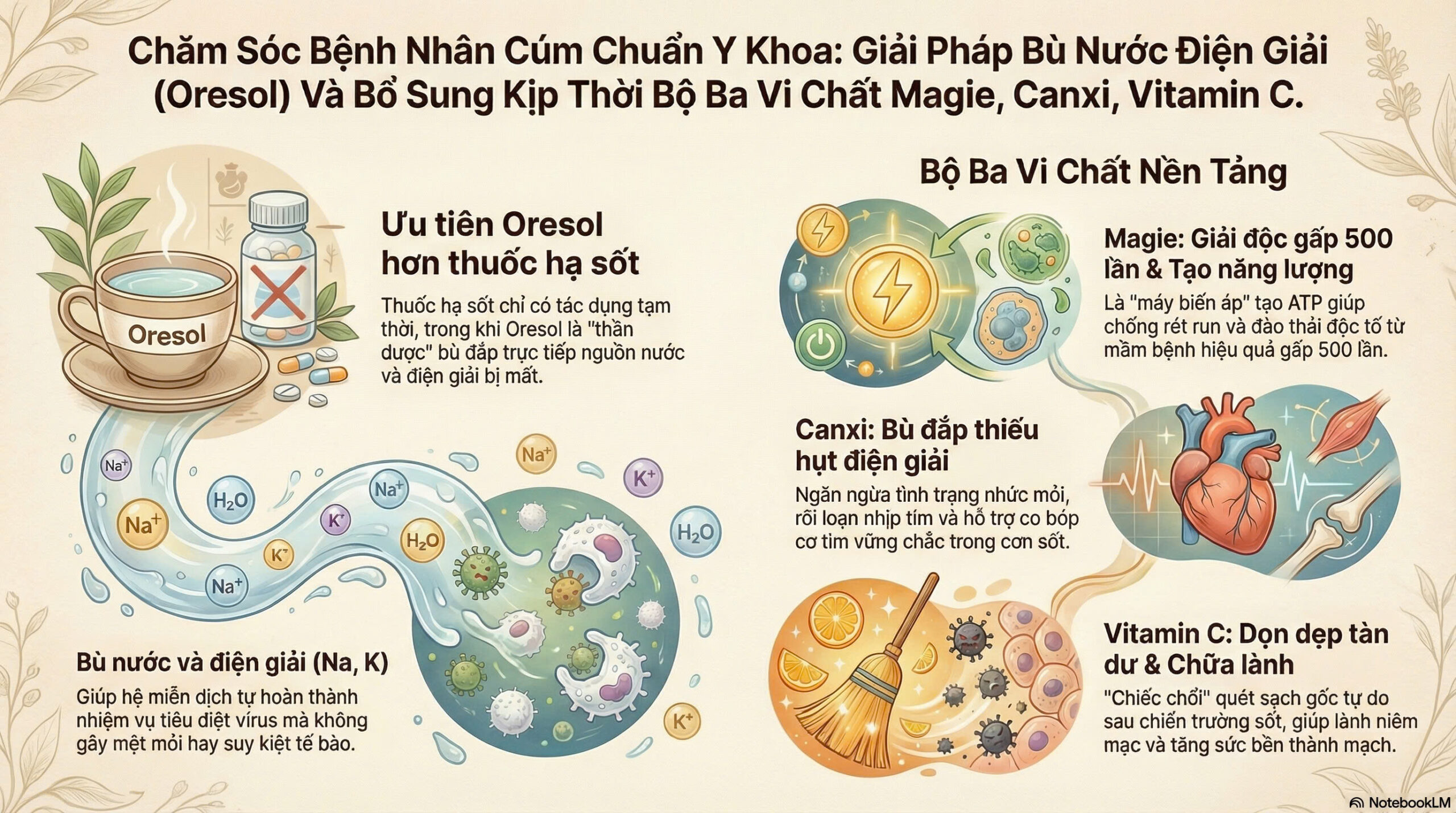Chăm Sóc Bệnh Nhân Cúm Chuẩn Y Khoa: Giải Pháp Bù Nước Điện Giải (Oresol) Và Bổ Sung Kịp Thời Bộ Ba Vi Chất Magie, Canxi, Vitamin C.