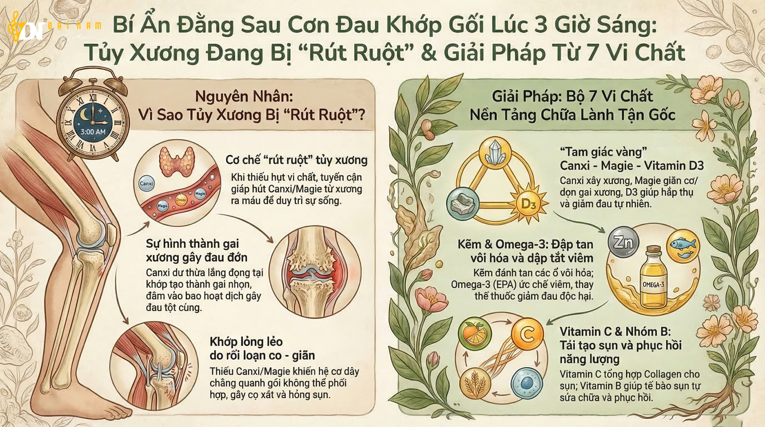 Bí Ẩn Đằng Sau Cơn Đau Khớp Gối Lúc 3 Giờ Sáng: Tủy Xương Đang Bị “Rút Ruột” Và Lời Giải Từ 7 Vi Chất Nền Tảng