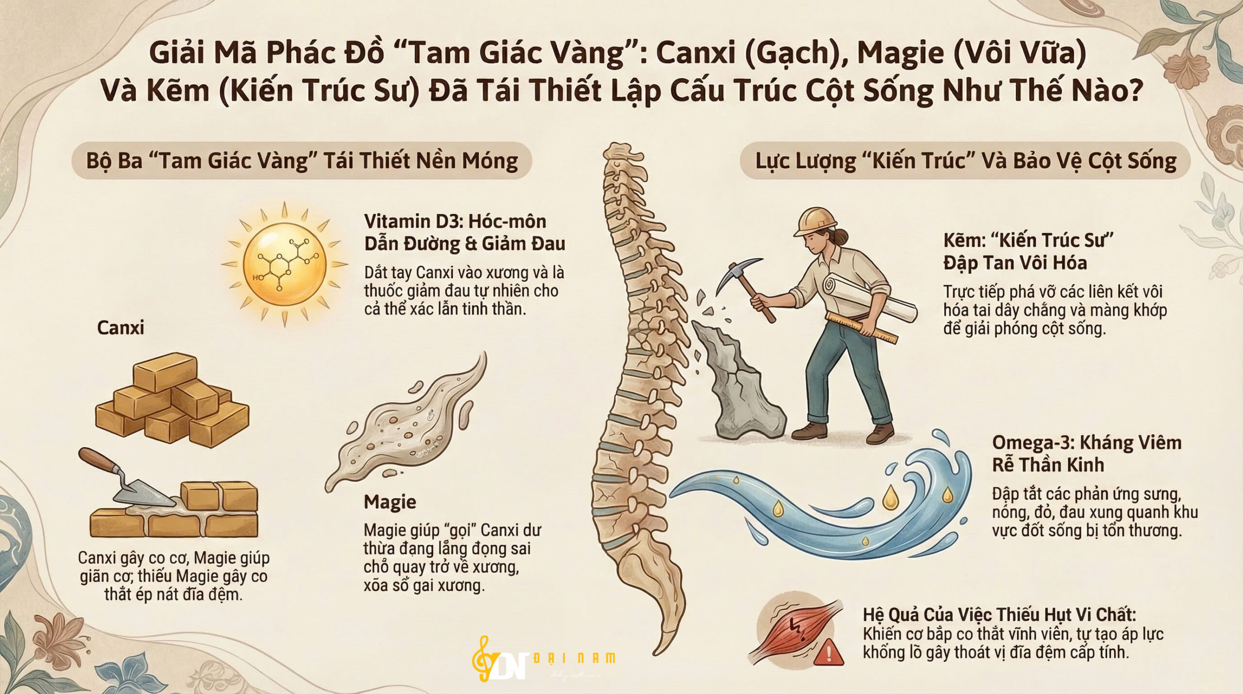 Giải Mã Phác Đồ “Tam Giác Vàng”: Canxi (Gạch), Magie (Vôi Vữa) Và Kẽm (Kiến Trúc Sư) Đã Tái Thiết Lập Cấu Trúc Cột Sống Như Thế Nào?