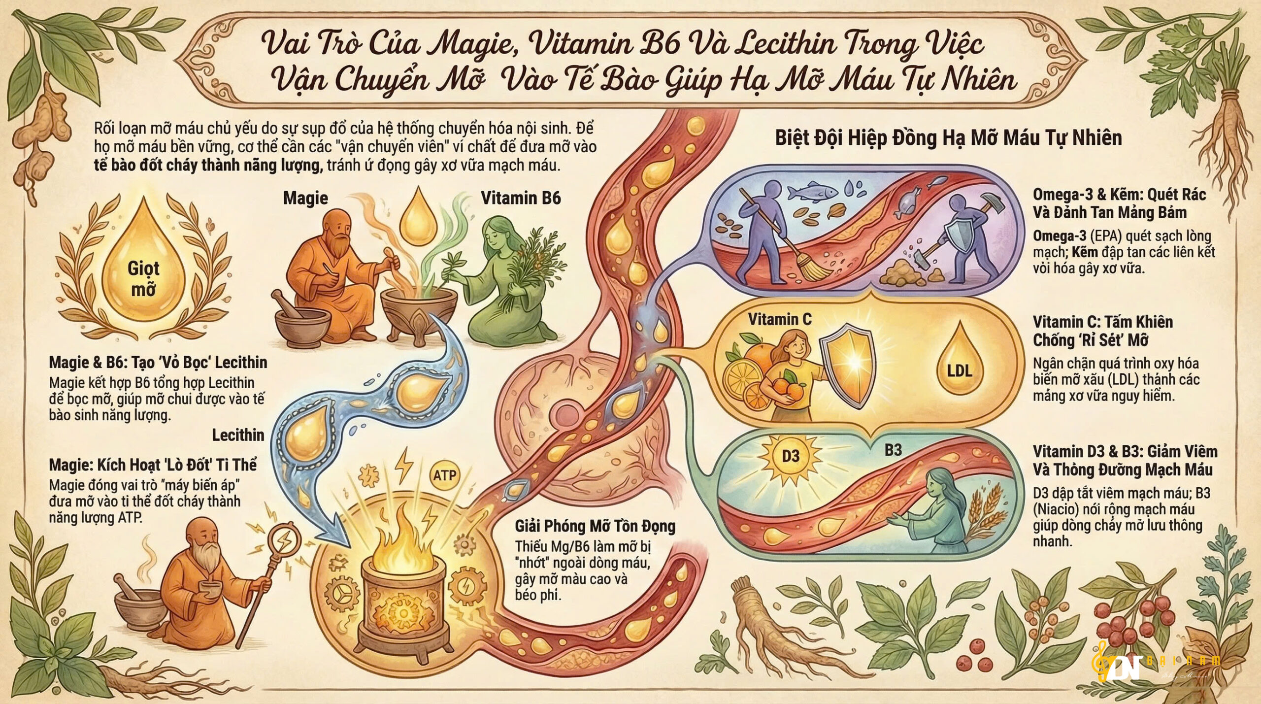 Vai Trò Của Magie, Vitamin B6 Và Lecithin Trong Việc Vận Chuyển Mỡ Vào Tế Bào Giúp Hạ Mỡ Máu Tự Nhiên.